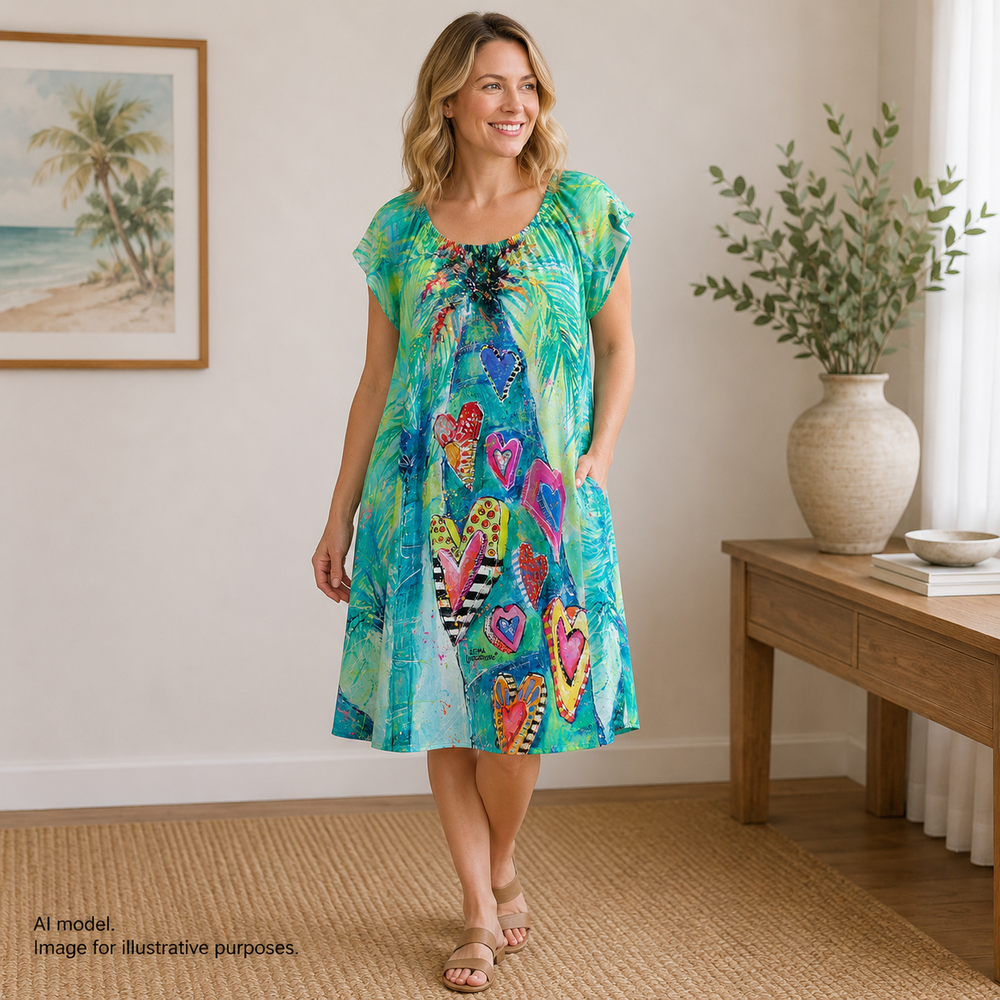 Leoma Lovegrove Dress Womens Petite Large Green Tropical Heart Swing Trapeze